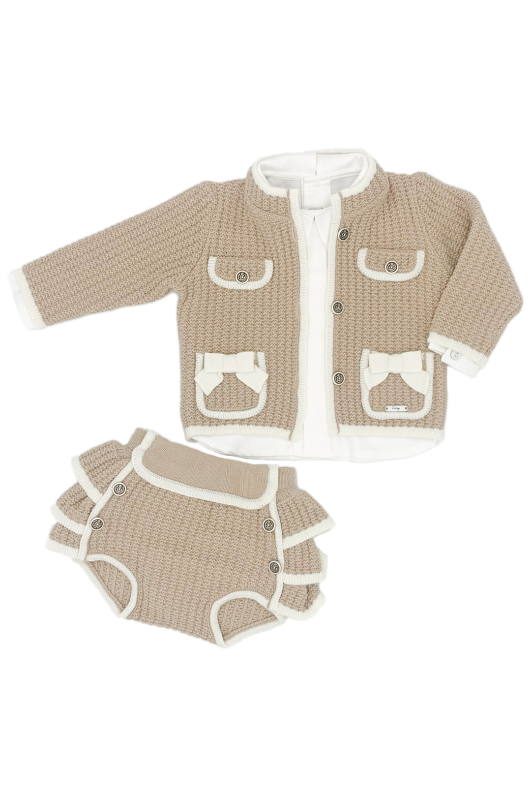 "Mabel" Camel & Cream Knit Cardigan, Blouse & Bloomers