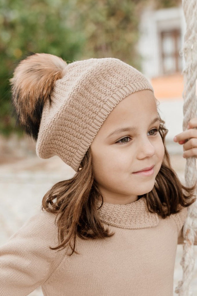 Camel Knit Faux Fur Pom Pom Beret