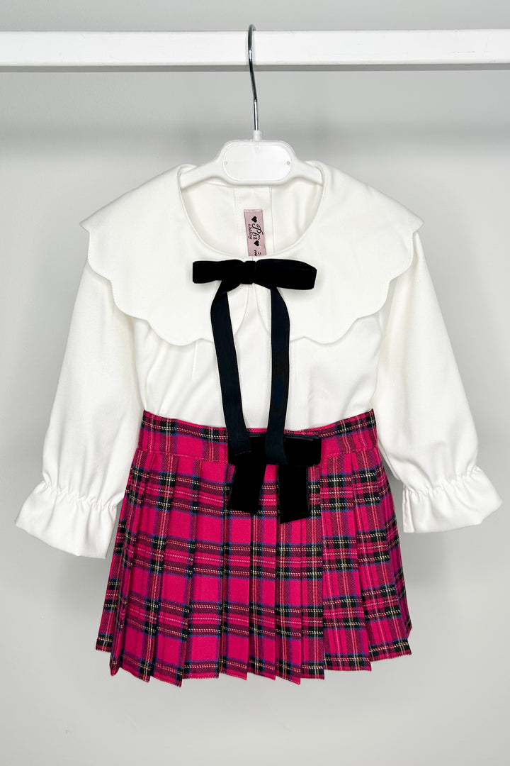 "Roxie" Blouse & Hot Pink Tartan Pleated Skirt