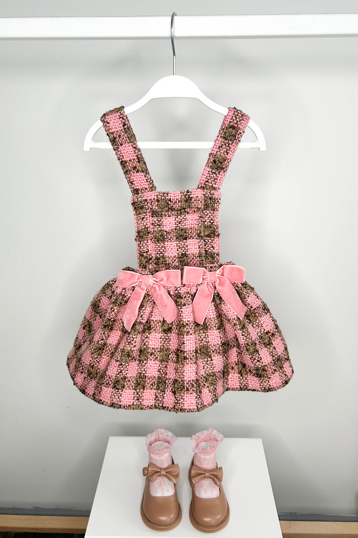 "Zaria" Pink & Beige Tweed Pinafore Dress