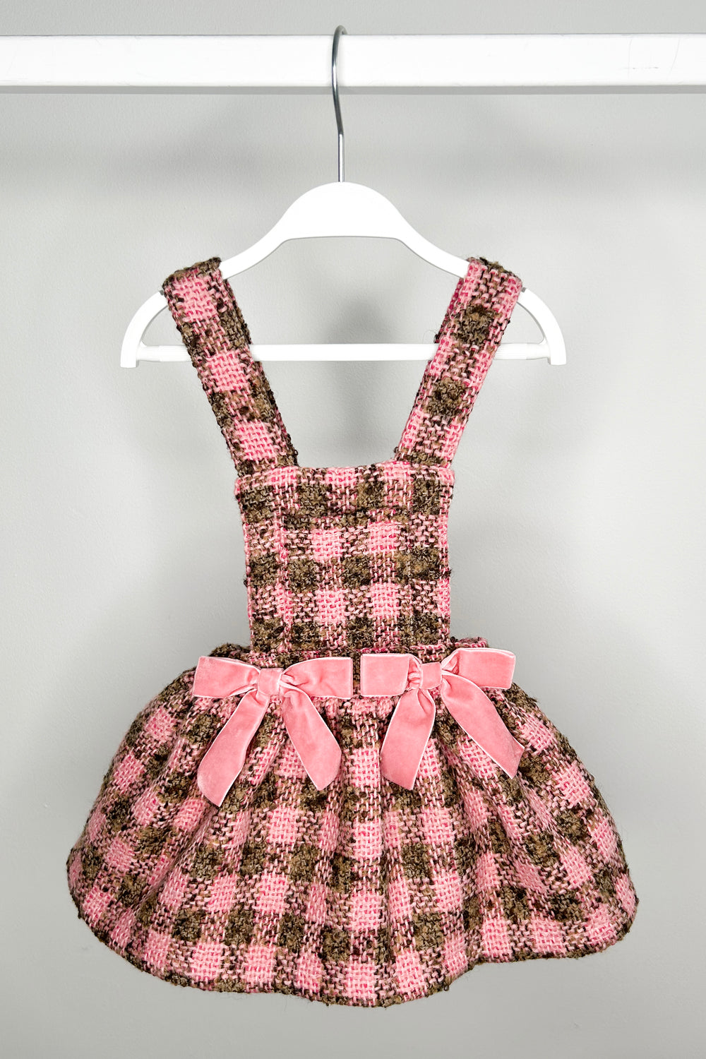 Phi "Zaria" Pink & Beige Tweed Pinafore Dress | Millie and John