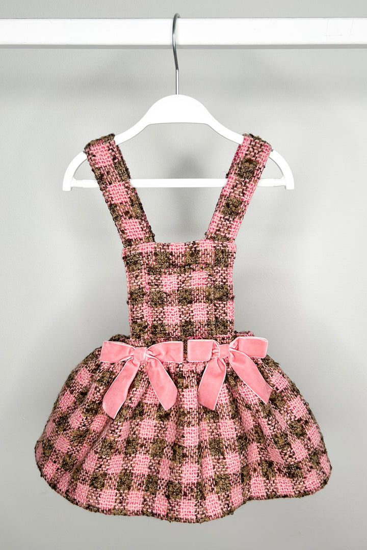 "Zaria" Pink & Beige Tweed Pinafore Dress