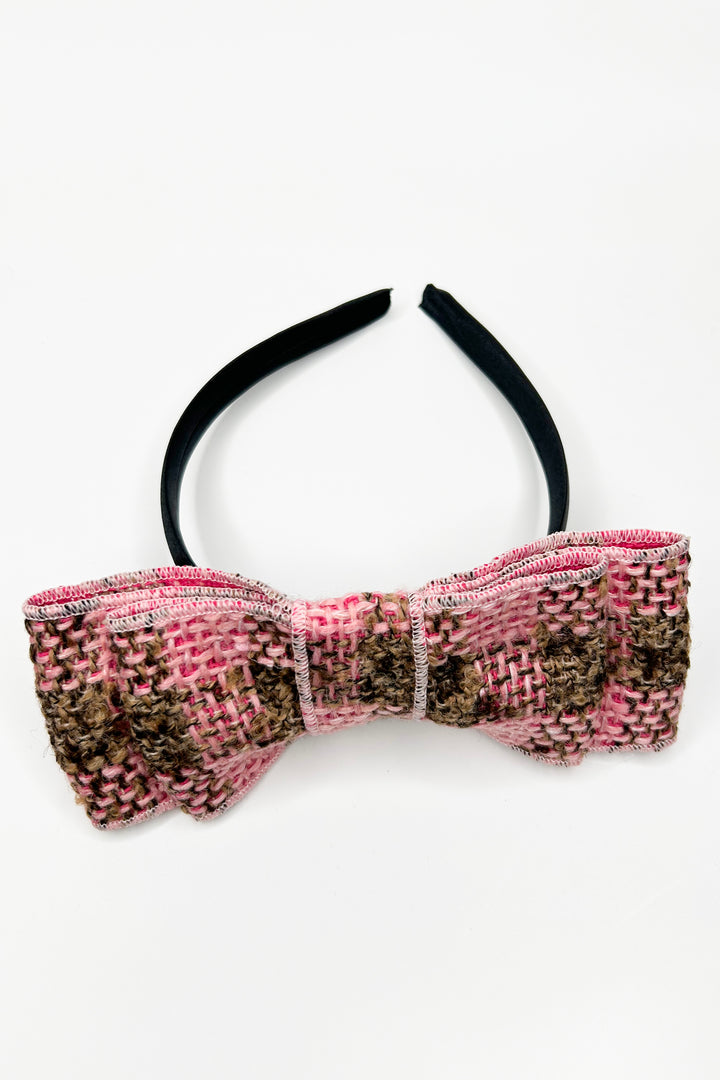 Pink & Beige Tweed Bow Headband