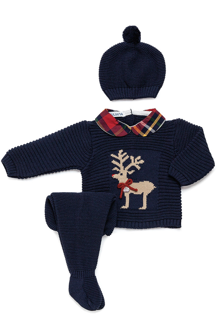 "Noah" Navy Tartan Knit Reindeer Top, Leggings & Hat