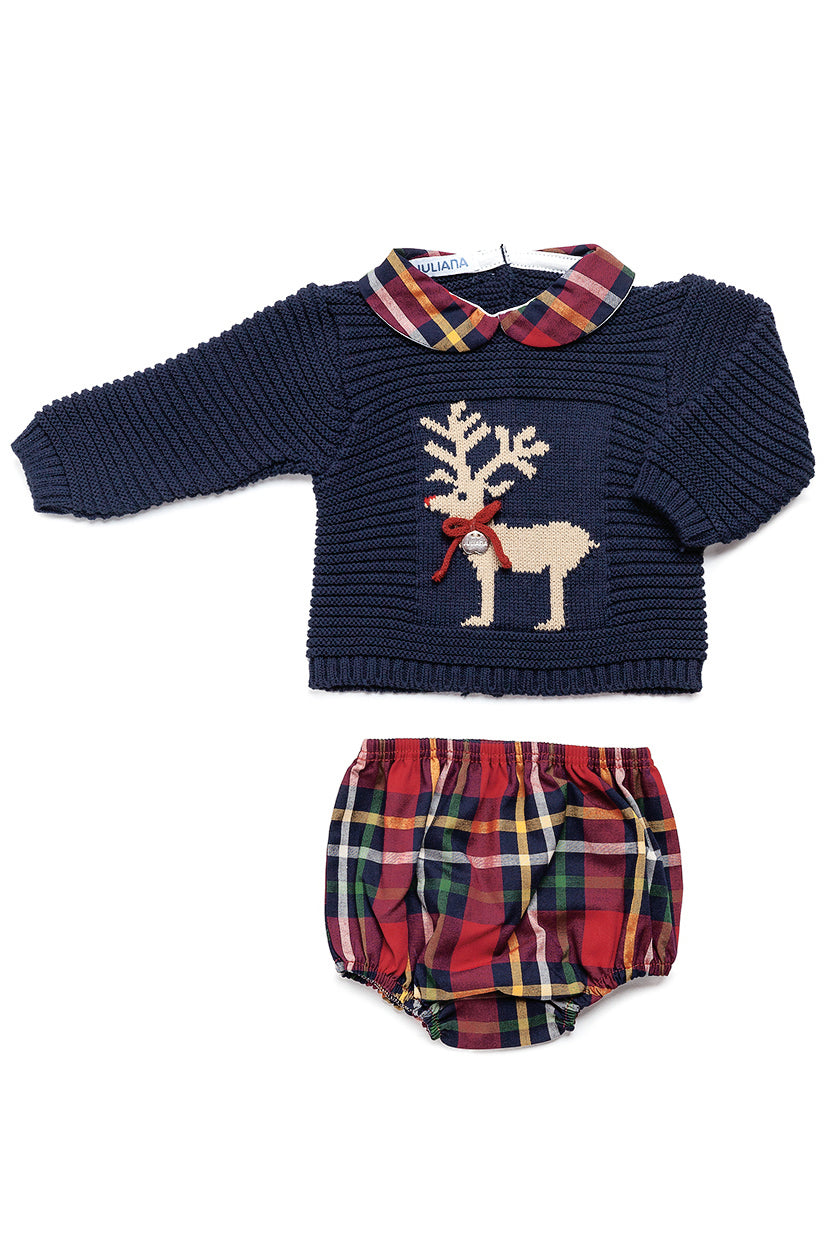 "Leo" Navy Knit Reindeer Top & Tartan Jam Pants