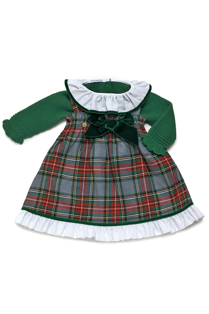 "Ava" Moss Green Knit Top & Tartan Pinafore Dress