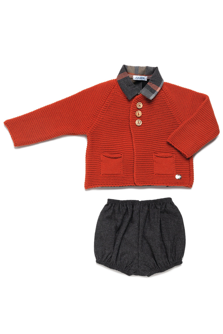 "Finlay" Rust Cardigan, Autumnal Tartan Shirt & Jam Pants