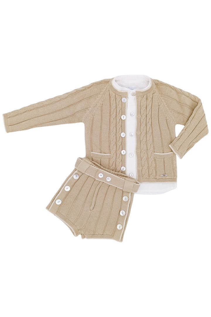 "William" Camel & Cream Cable Knit Cardigan, Shirt & Shorts