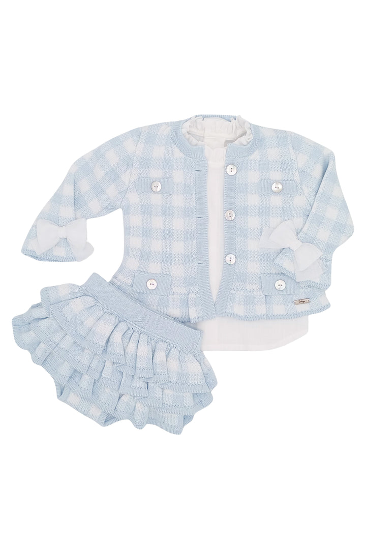 "Annabelle" Baby Blue Gingham Knit Cardigan, Blouse & Bloomers