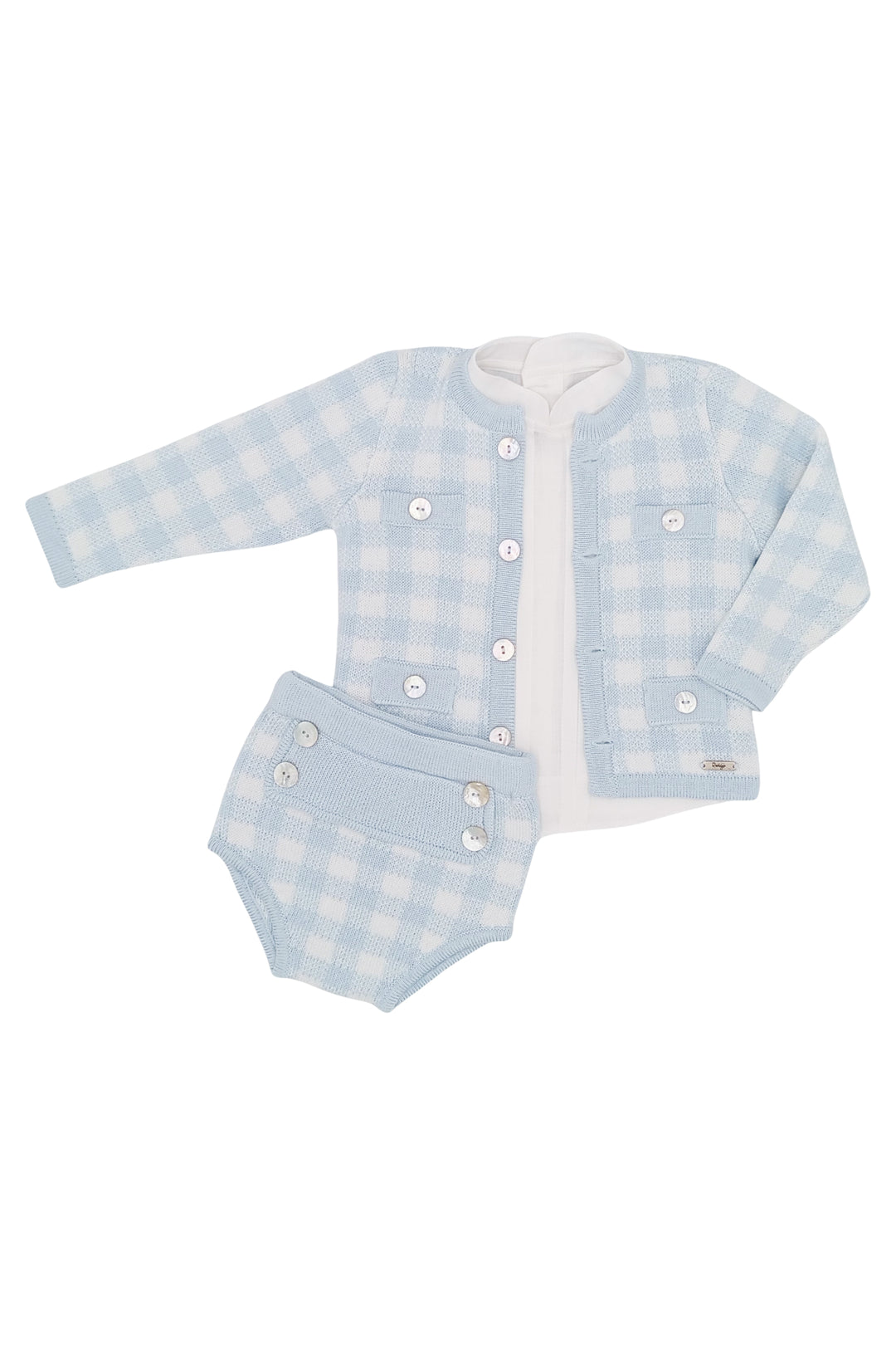 "Bertie" Baby Blue Gingham Knit Cardigan, Shirt & Jam Pants