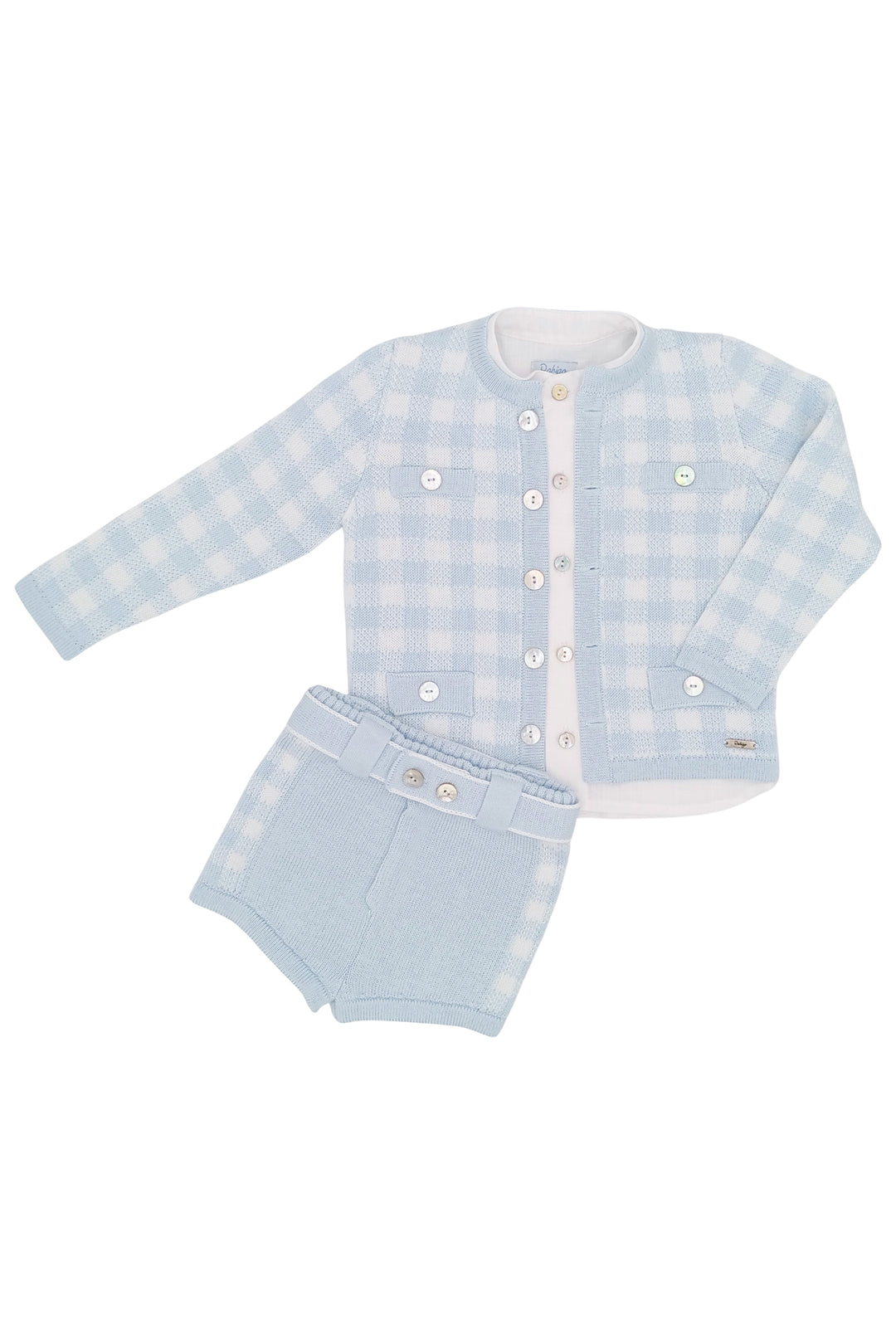 "Ernest" Baby Blue Gingham Knit Cardigan, Shirt & Shorts