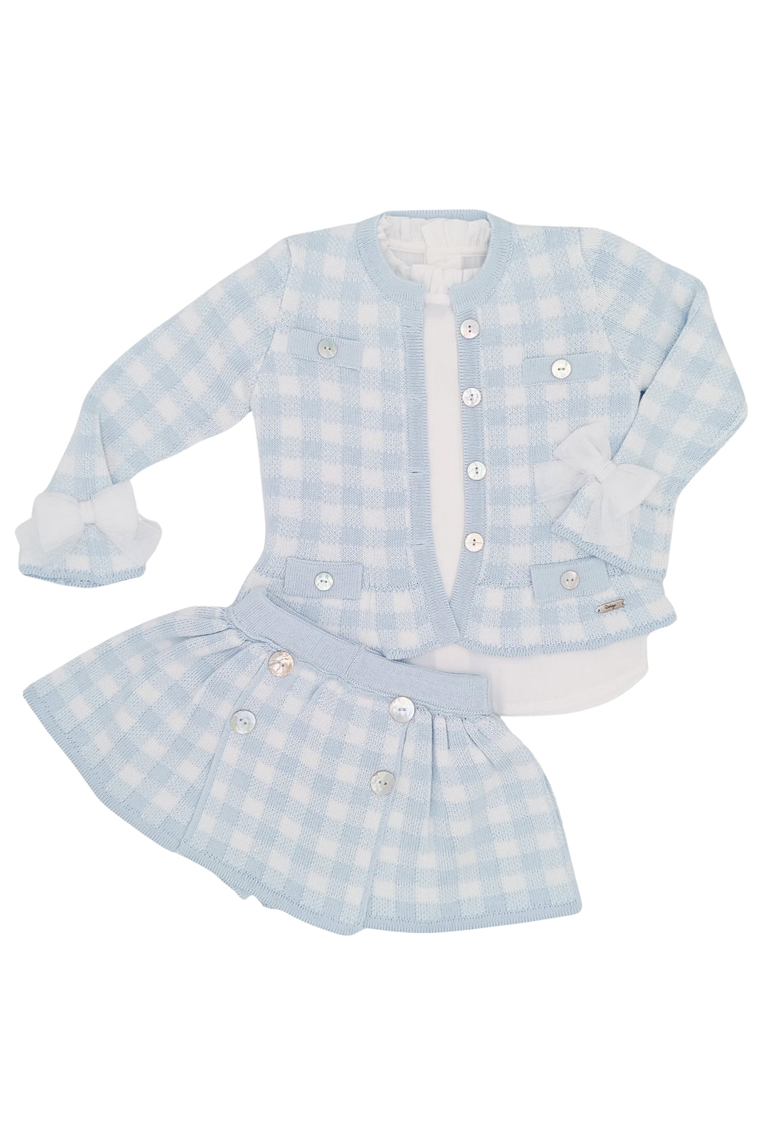 "Martha" Baby Blue Gingham Knit Cardigan, Blouse & Skort