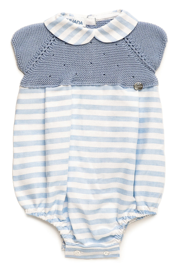 "Flynn" Sky Blue Half Knit Striped Romper