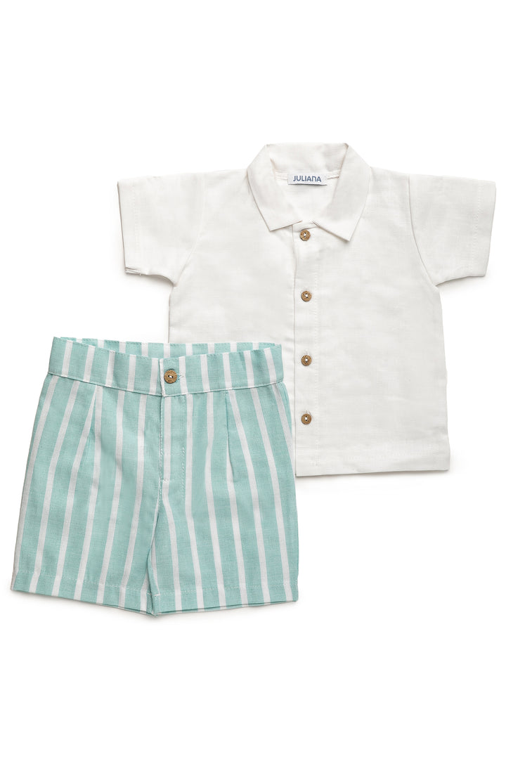 "Tate" White Shirt & Mint Striped Shorts