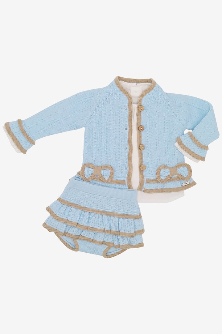 "Eliza" Baby Blue & Camel Knitted Cardigan, Blouse & Bloomers