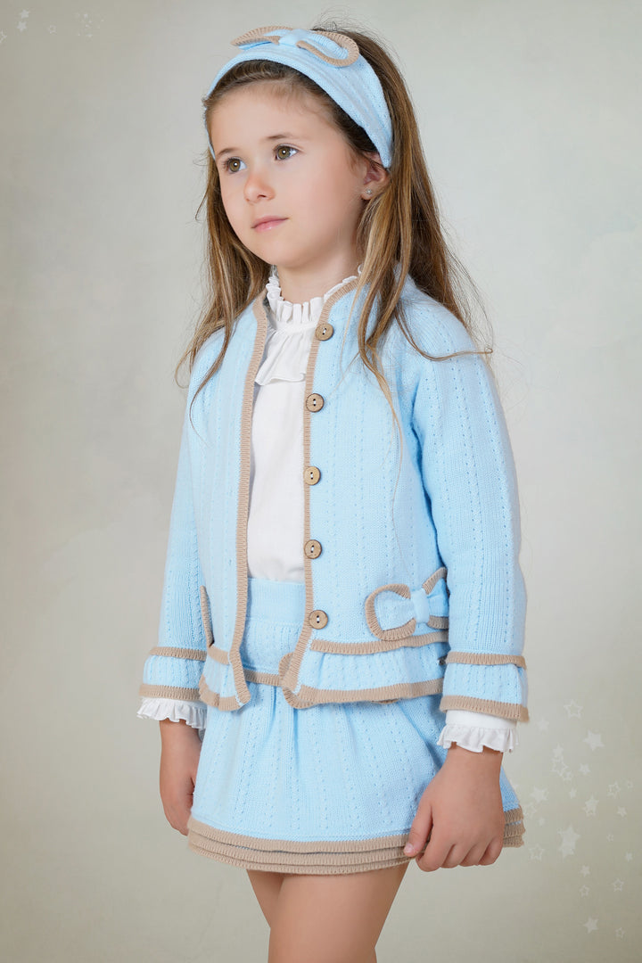 "Sophie" Baby Blue & Camel Cardigan, Blouse & Skort