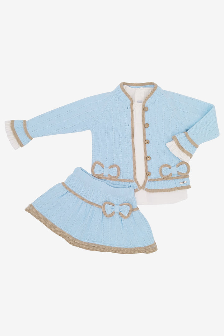 "Sophie" Baby Blue & Camel Cardigan, Blouse & Skort