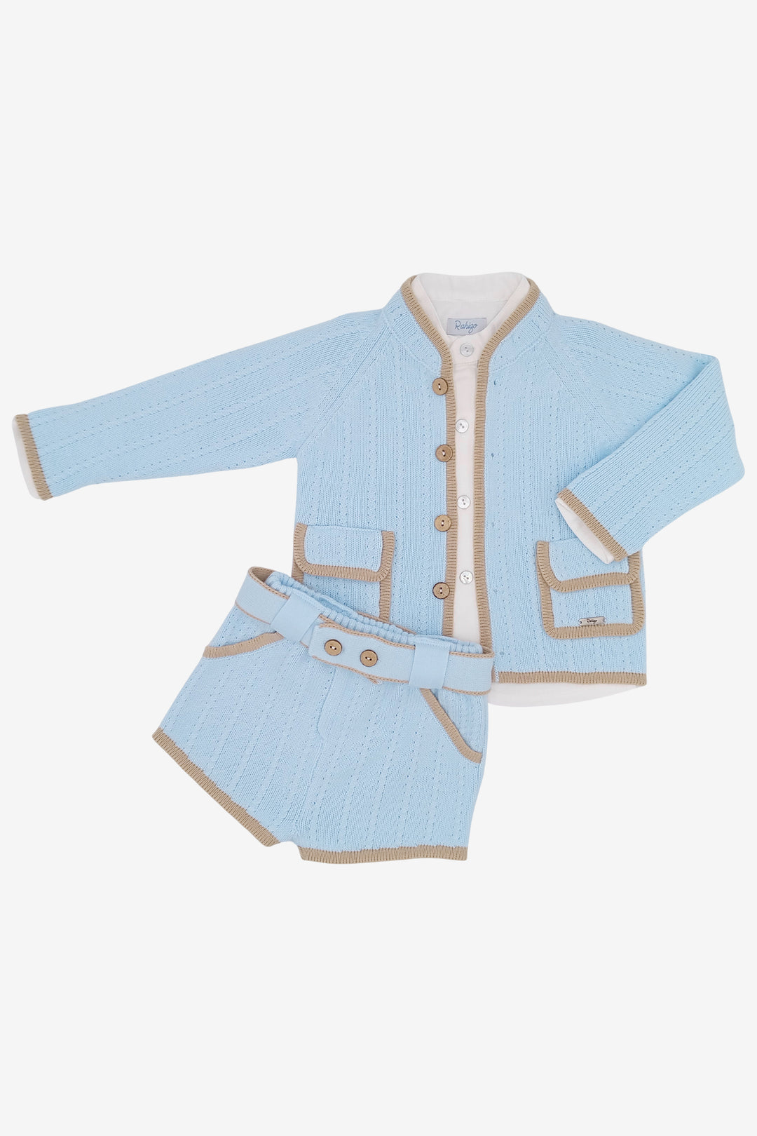 "Henry" Baby Blue & Camel Cardigan, Shirt & Shorts