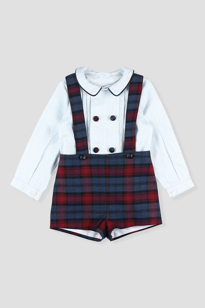 "Edmund" Navy &amp; Burgundy Tartan Shirt &amp; Shorts