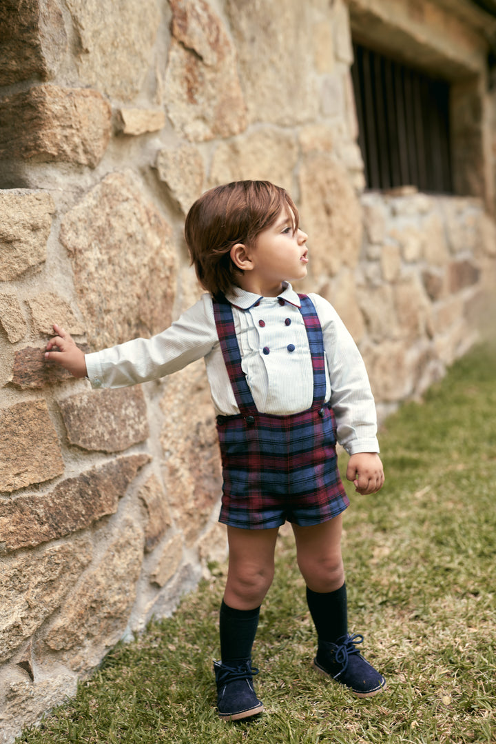 "Edmund" Navy &amp; Burgundy Tartan Shirt &amp; Shorts
