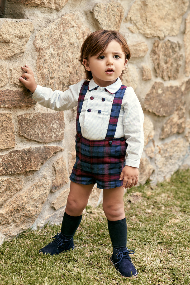 "Edmund" Navy &amp; Burgundy Tartan Shirt &amp; Shorts