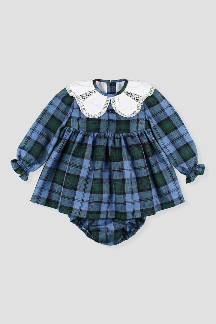 "Florence" Cornflower Blue Tartan Dress &amp; Bloomers