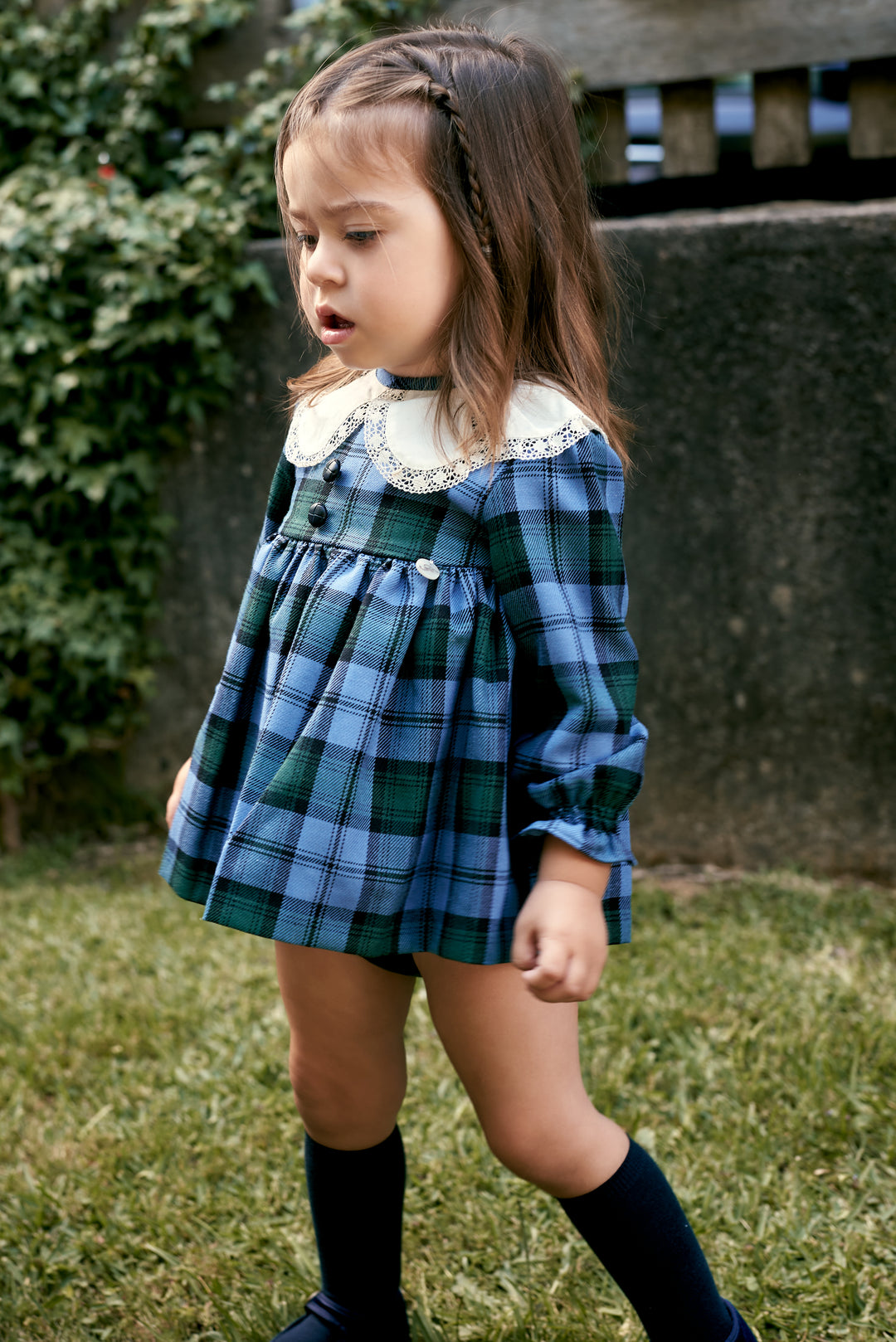 "Florence" Cornflower Blue Tartan Dress &amp; Bloomers