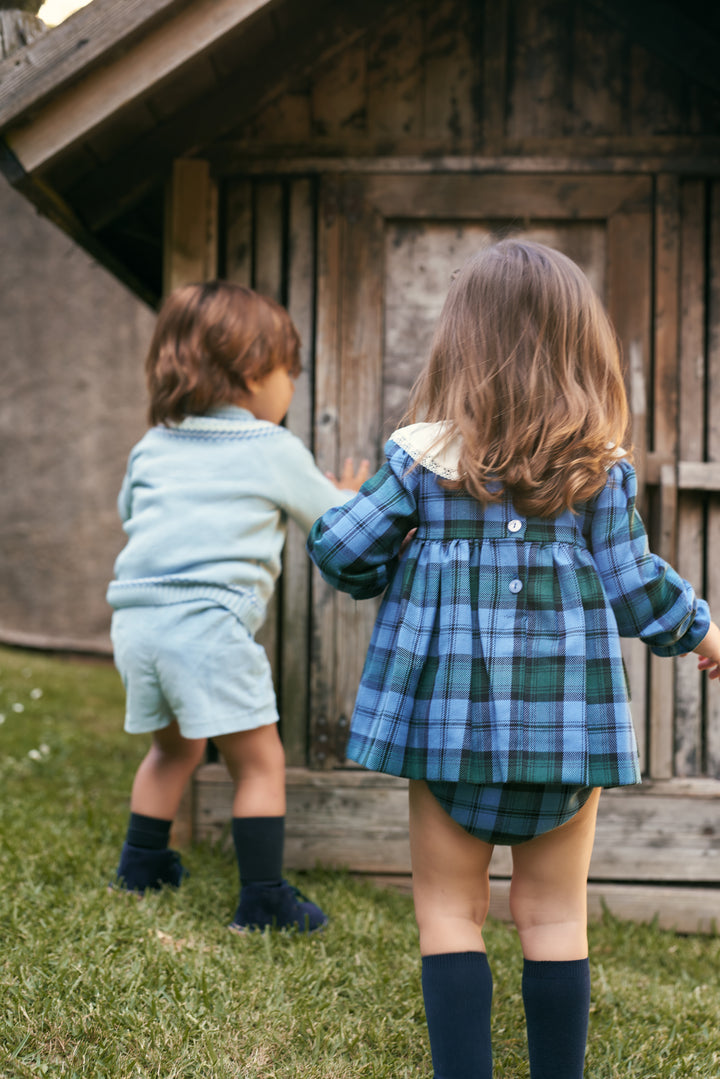 "Florence" Cornflower Blue Tartan Dress &amp; Bloomers