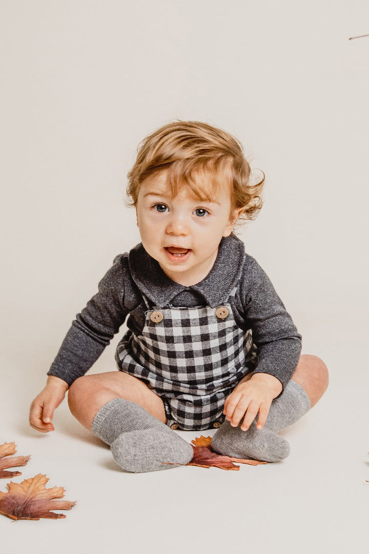 Calamaro "Marley" Charcoal Bodysuit & Checked Dungaree Romper | Millie and John