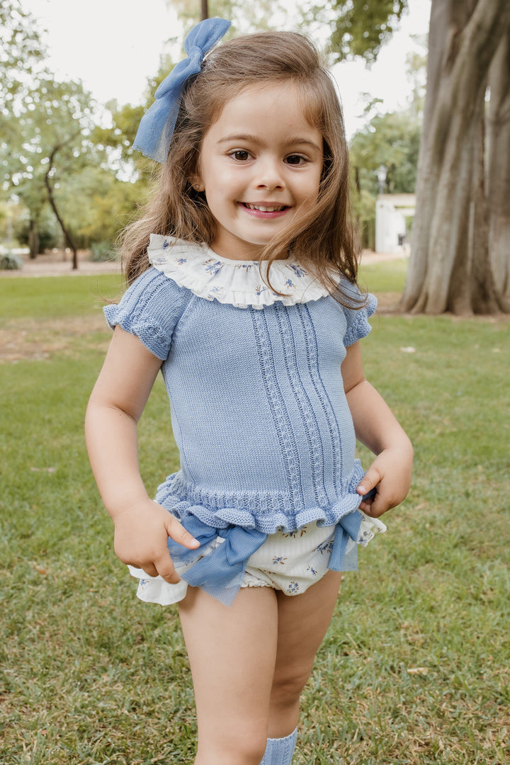 "Eliza" Sky Blue Knit Floral Top & Bloomers