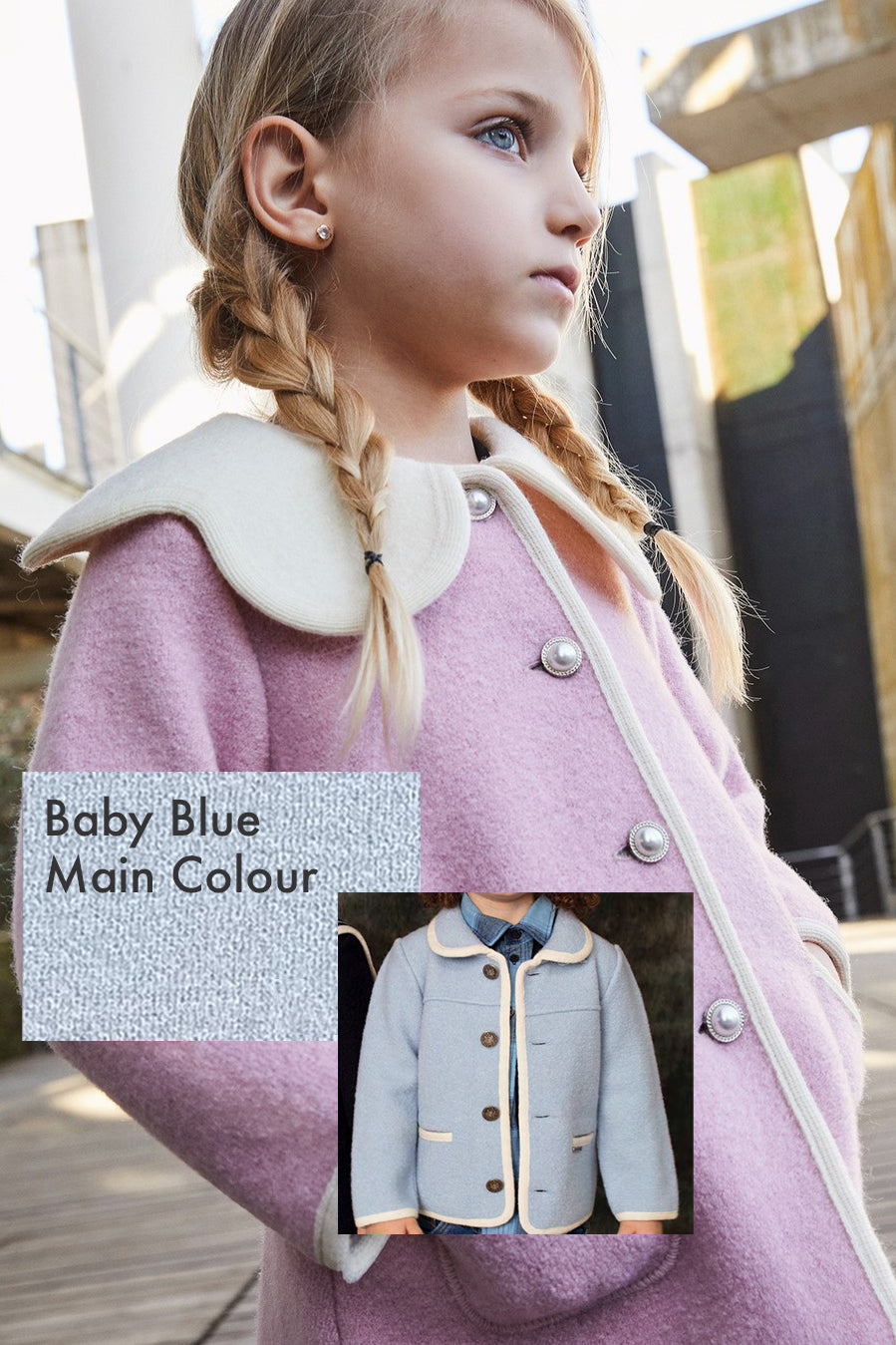 MARAE Kids PREORDER "Eleanor" Light Blue & Ivory Merino Wool Coat | Millie and John