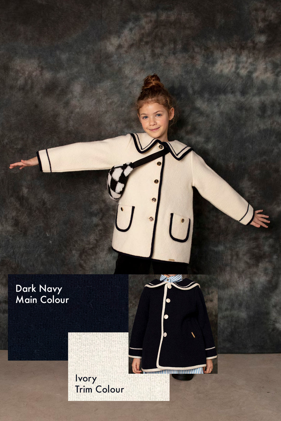 MARAE Kids PREORDER "Artemis" Navy & Ivory Merino Wool Sailor Jacket | Millie and John