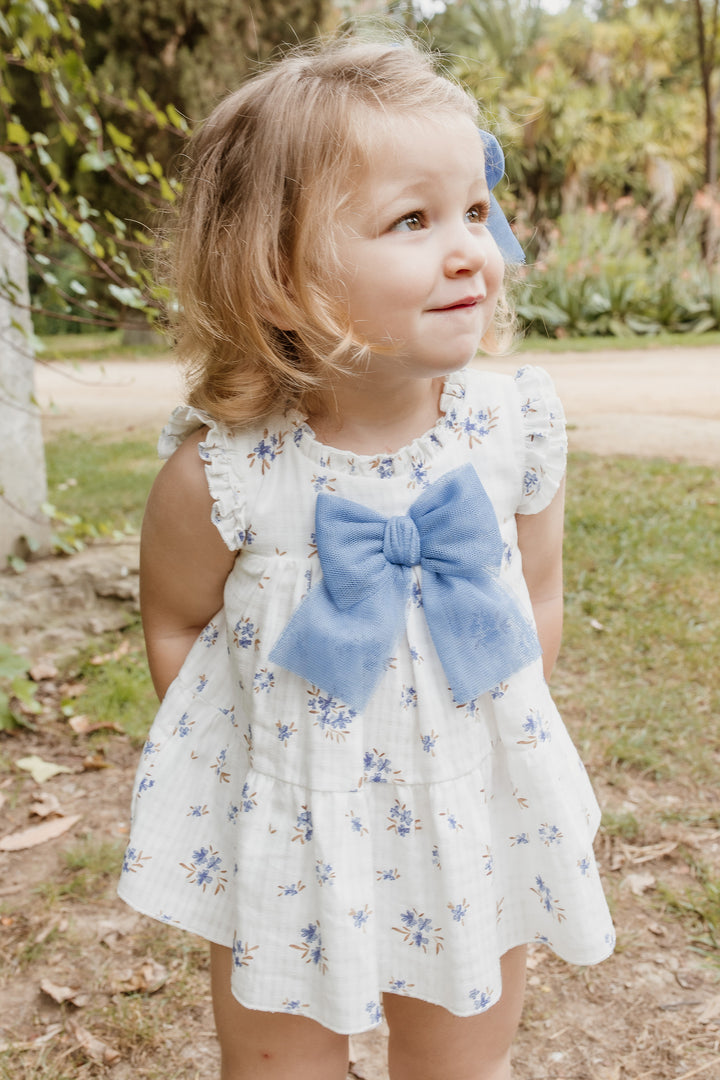 PREORDER "Violet" Sky Blue Floral A-Line Dress & Bloomers