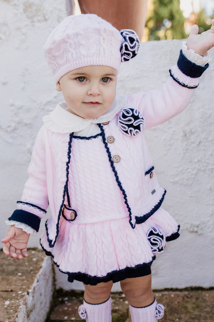 "Rosie" Baby Pink & Navy Knit Dungaree Romper Set