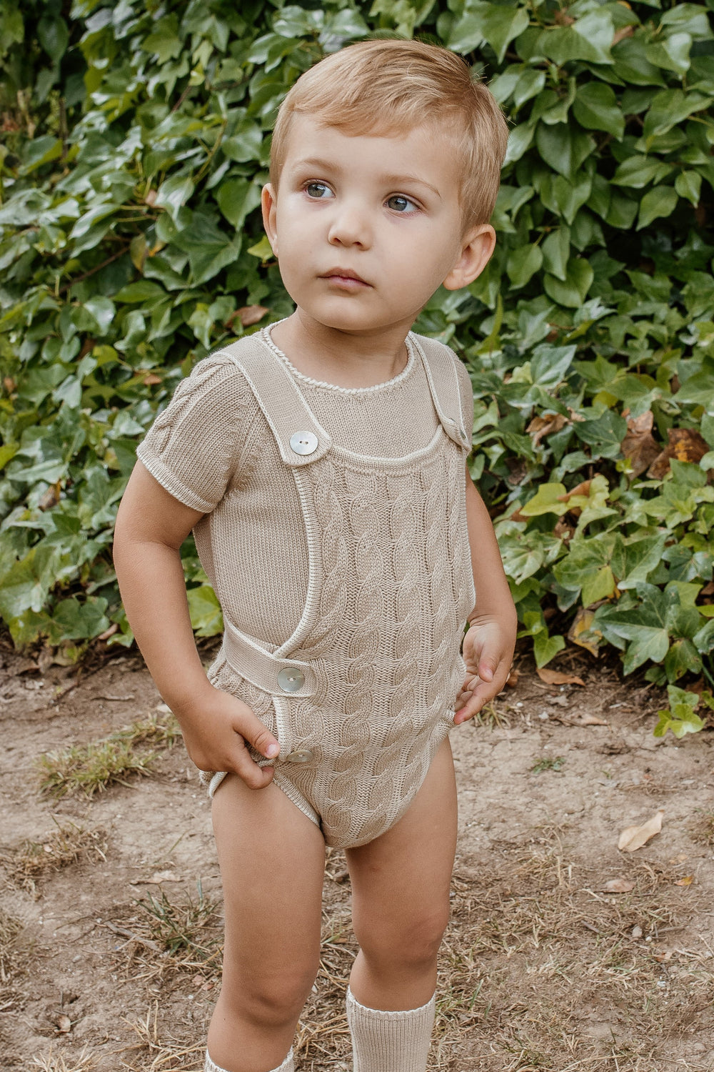 Rahigo "Henry" Camel & Cream Cable Knit Dungaree Romper Set | Millie and John