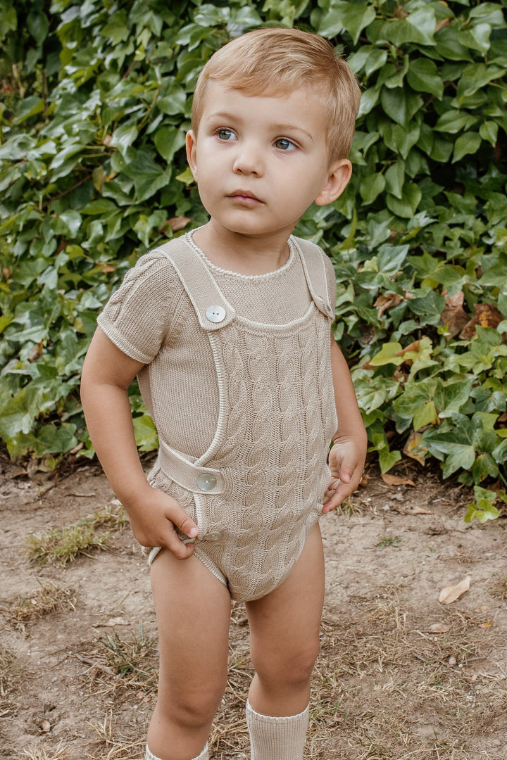 "Henry" Camel & Cream Cable Knit Dungaree Romper Set