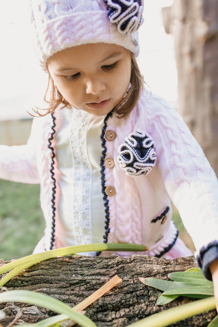 "Sophia" Baby Pink & Navy Knit Cardigan, Blouse & Bloomers