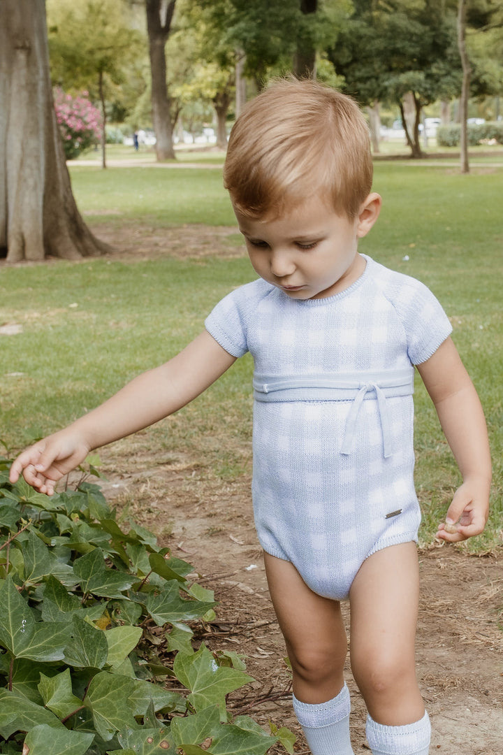 "Charlie" Baby Blue Gingham Knit Romper