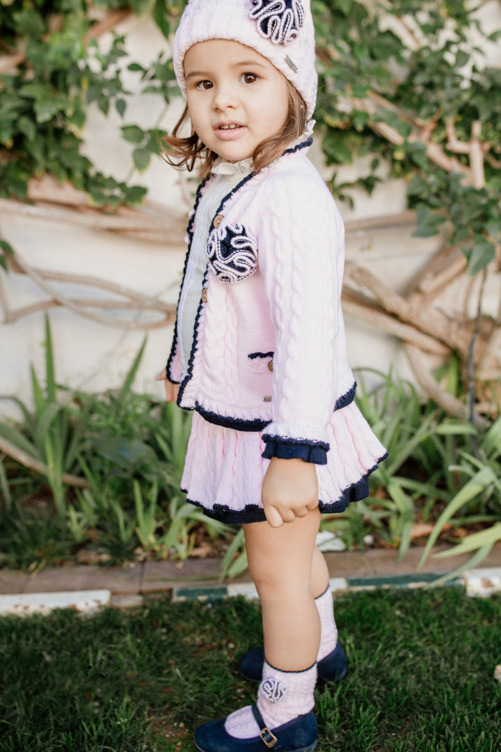 "Sophia" Baby Pink & Navy Knit Cardigan, Blouse & Bloomers