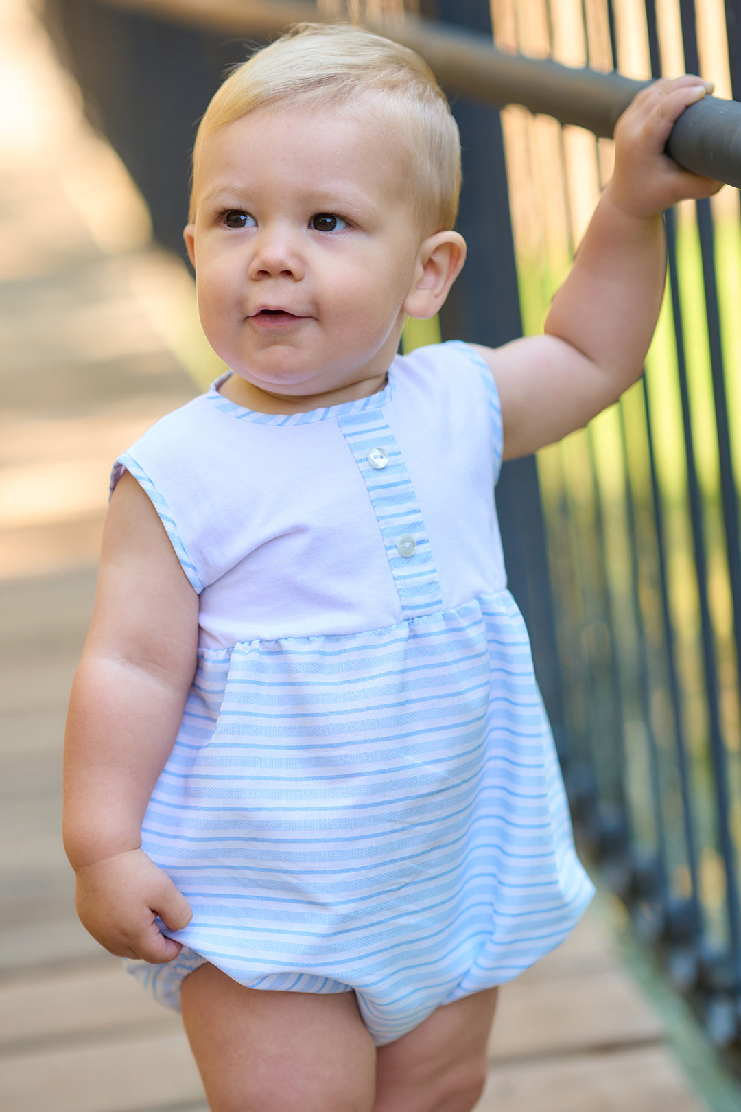 "Sonny" Baby Blue Striped Romper