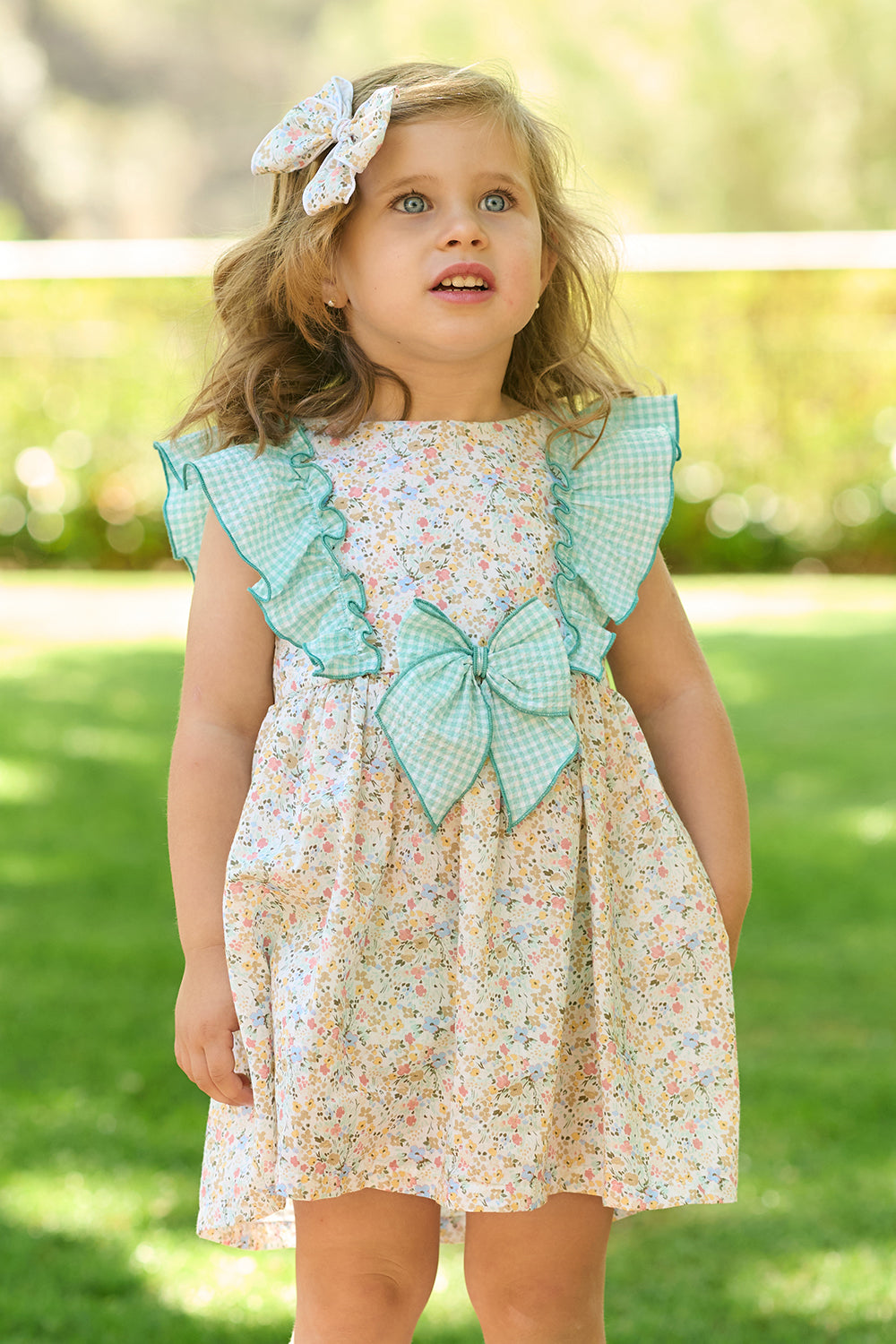 "Elodie" Apple Green Gingham Floral Dress & Bloomers