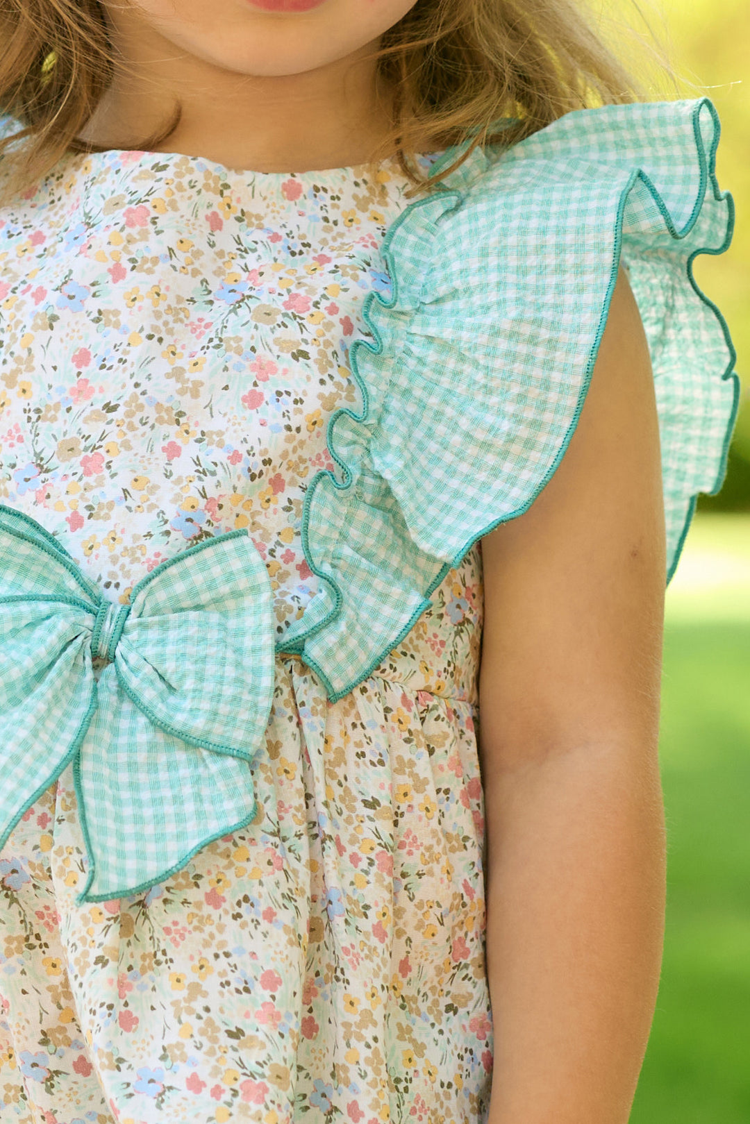 "Elodie" Apple Green Gingham Floral Dress & Bloomers