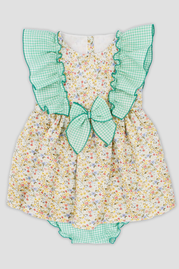 "Elodie" Apple Green Gingham Floral Dress & Bloomers