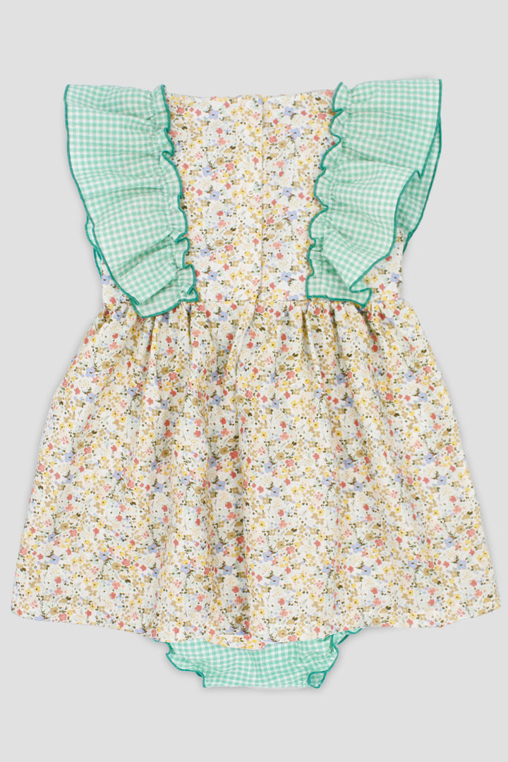 "Elodie" Apple Green Gingham Floral Dress & Bloomers