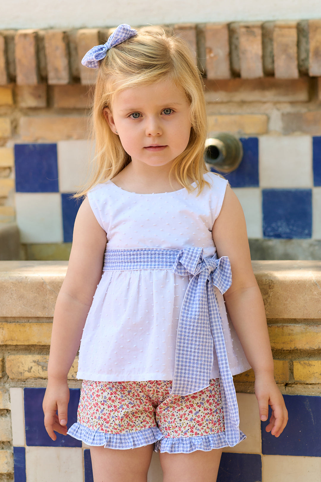 "Esme" Indigo Blue Gingham Top & Floral Shorts