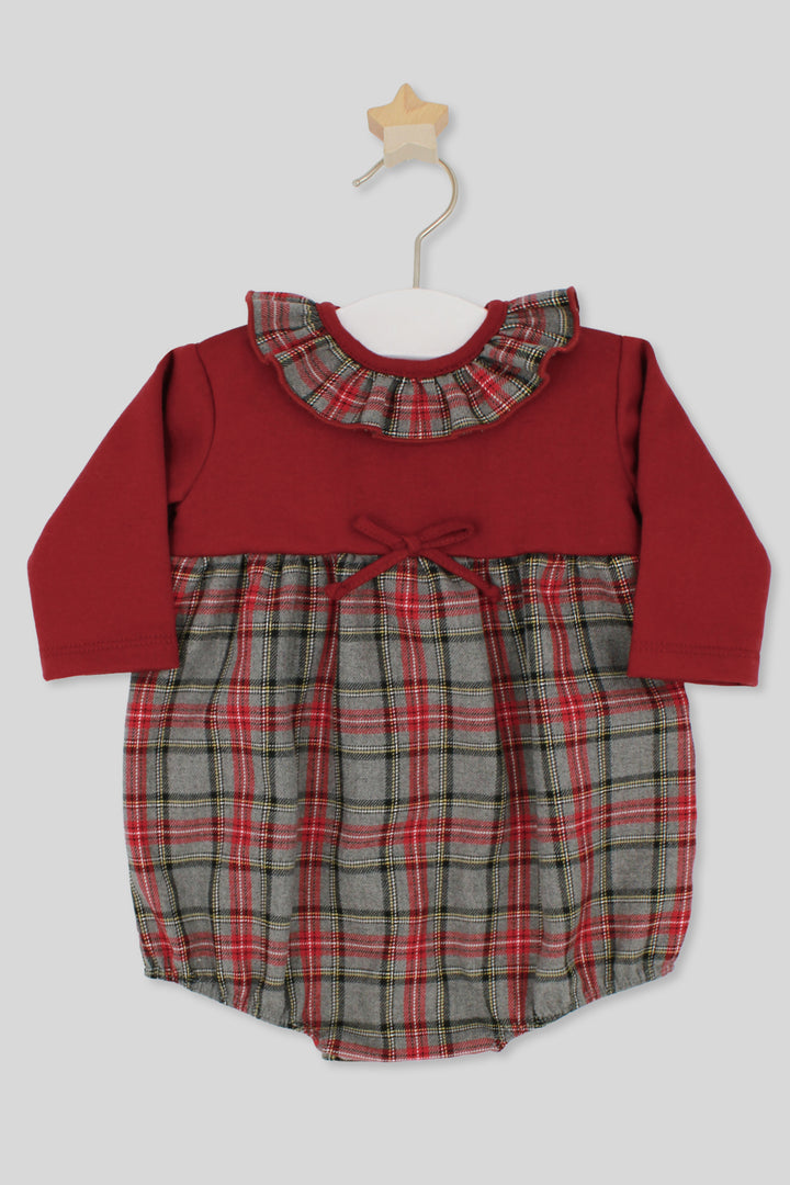 "Clara" Burgundy & Grey Tartan Ruffle Collar Romper