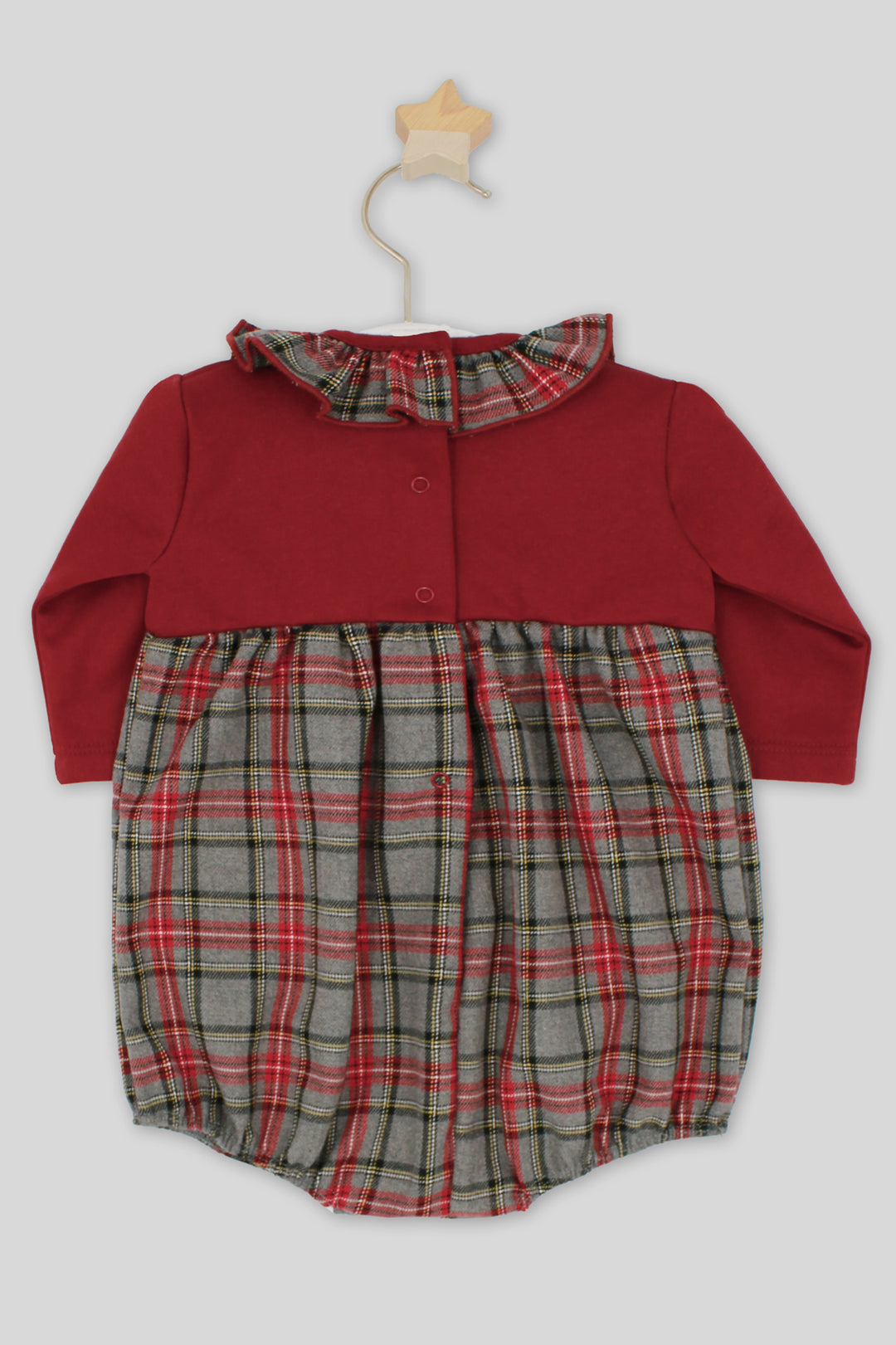 "Clara" Burgundy & Grey Tartan Ruffle Collar Romper