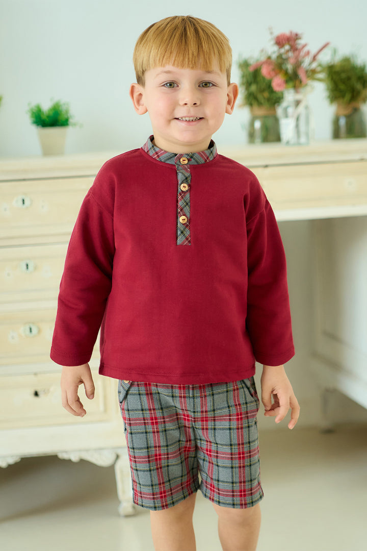 "Esteban" Burgundy & Grey Tartan Top & Shorts