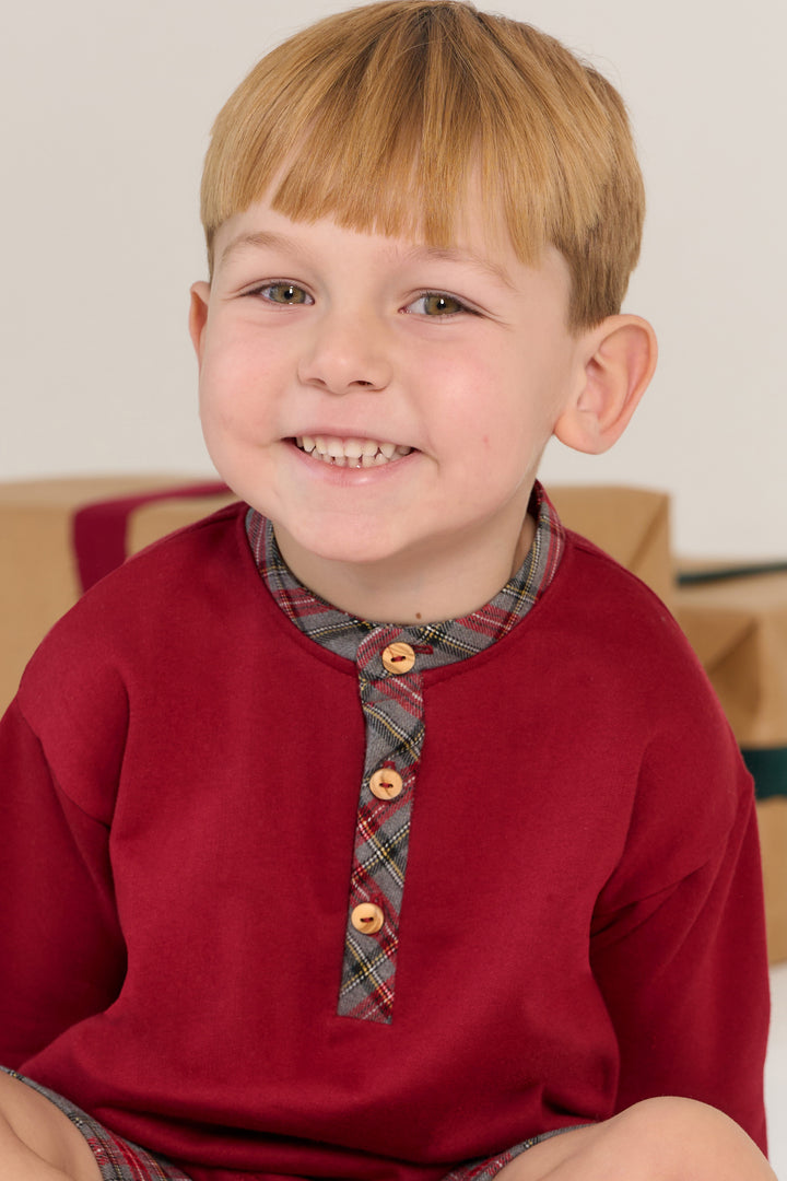 "Esteban" Burgundy & Grey Tartan Top & Shorts