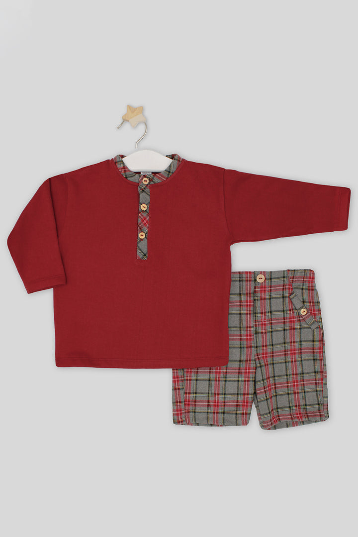 "Esteban" Burgundy & Grey Tartan Top & Shorts